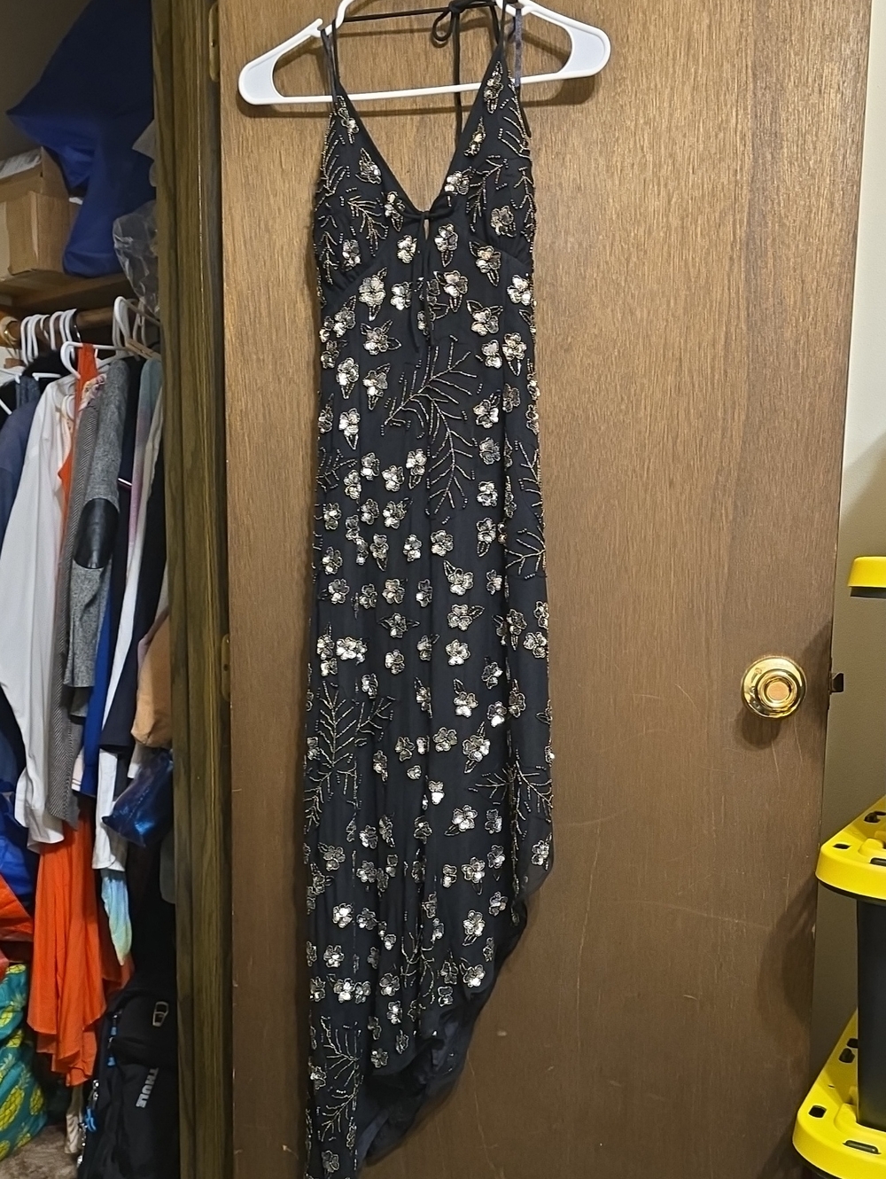 Cache Black Asymmetrical Floral Embellished Maxi Dress